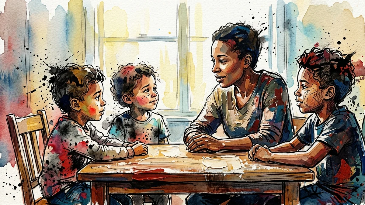 A parent sitting at a kitchen table with two children, having a calm and open conversation in warm natural light