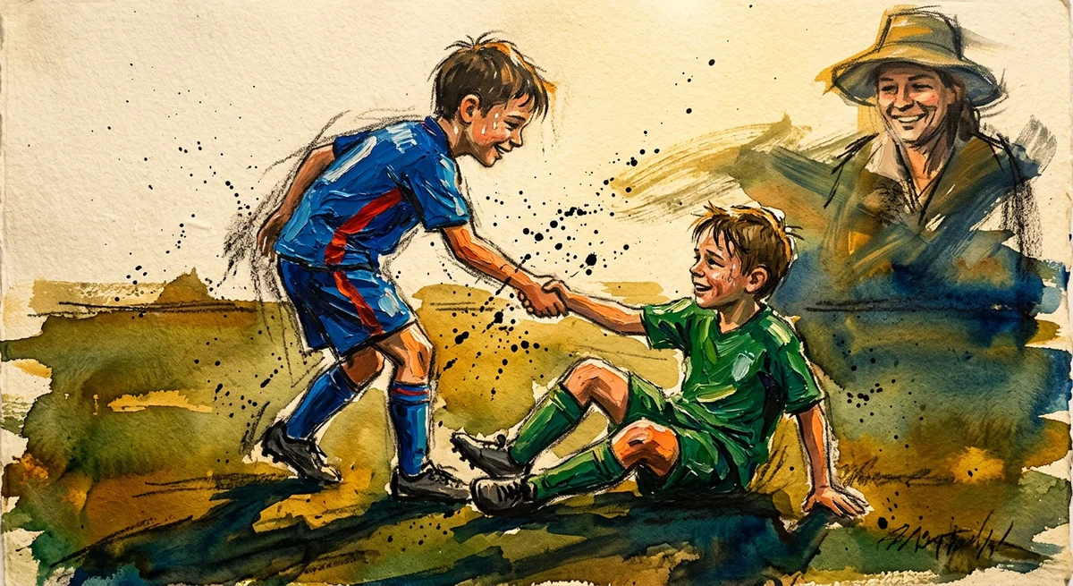 Two children on a sports field after a game, one reaching a hand to help the other up, with a parent watching proudly from the sideline