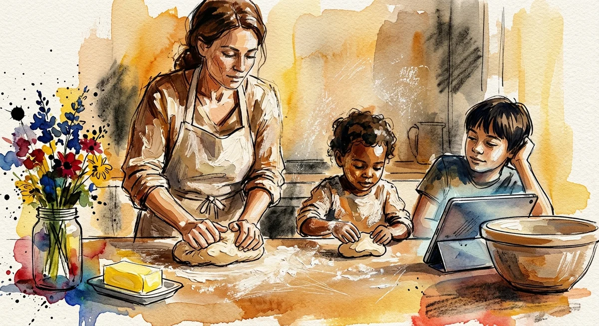 A mother kneading bread dough at a warm farmhouse kitchen counter while one child helps shape dough and another relaxes nearby with a tablet, all in golden morning light