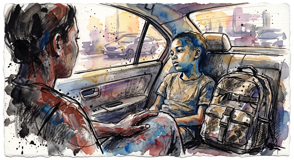 A tired child slumped in the back seat of a car after school while a parent reaches back to comfort them
