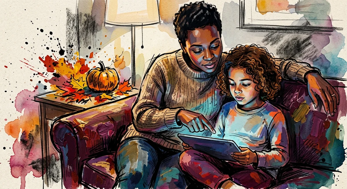 A parent and a child sitting together on a couch in the evening with a small pumpkin nearby, the parent pointing at a tablet screen while the child watches closely