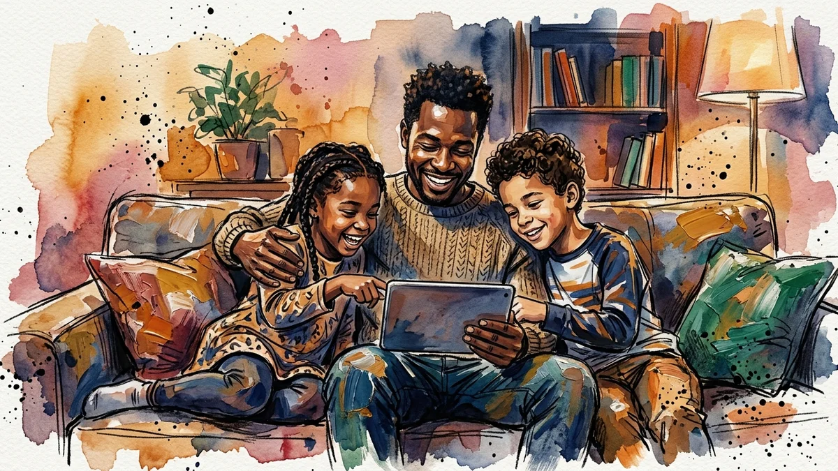 A parent and two children sharing a tablet on a couch and laughing together