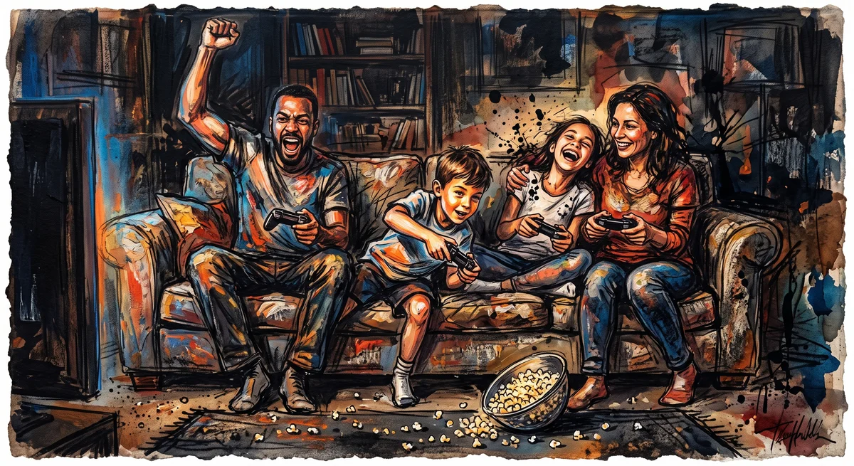 A family of four squeezed onto one couch at night holding game controllers, the youngest child leaning forward while the others laugh