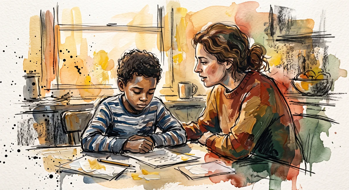 A child sitting at a kitchen table with school papers pushed aside, shoulders rounded, while a parent leans in close beside them in warm evening light