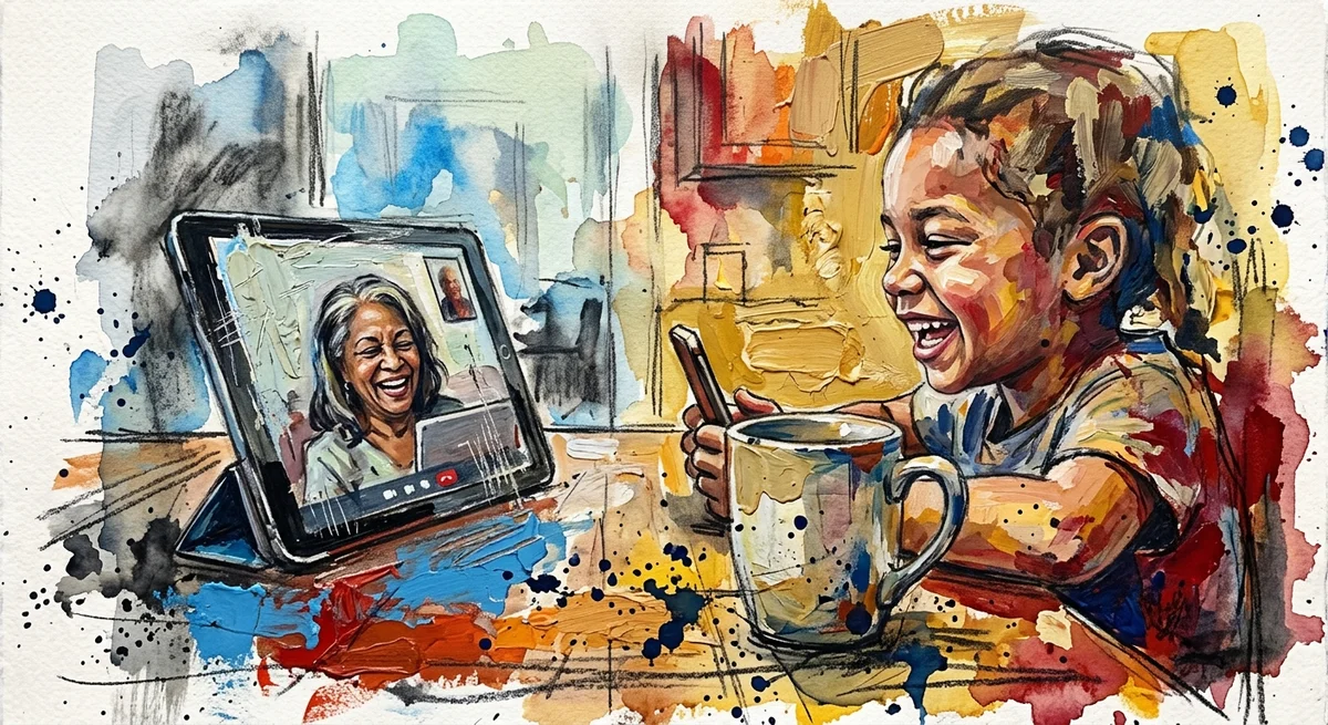 A grandmother smiling at a tablet video call with her grandchild, both laughing at a shared game on the screen between them