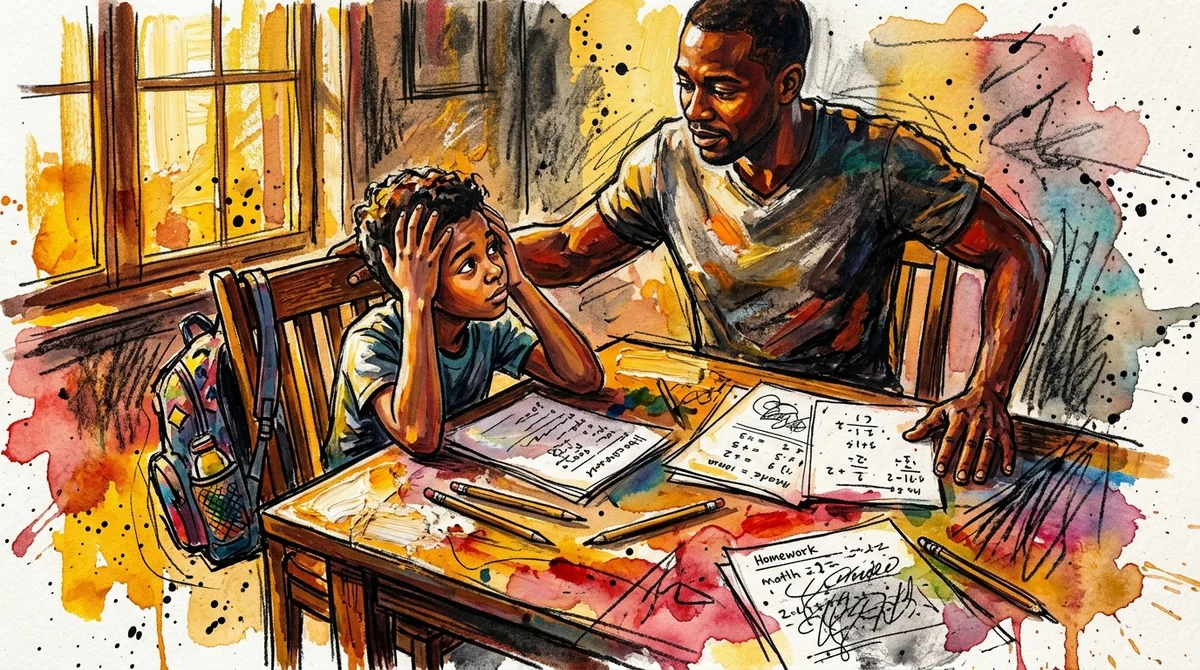 A parent pulling up a chair beside a frustrated child at a kitchen table covered in homework pages in warm evening light
