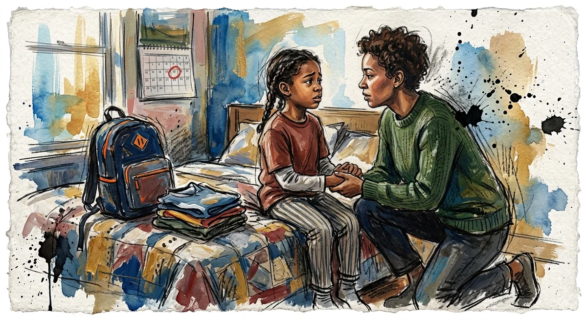 A parent kneeling to talk with a child in a bedroom with a new backpack and school clothes laid out nearby