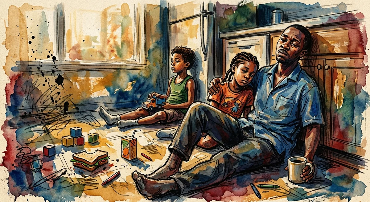 A tired parent sitting on the floor of a cluttered living room in mid-summer while two kids play nearby, warm afternoon light coming through the window