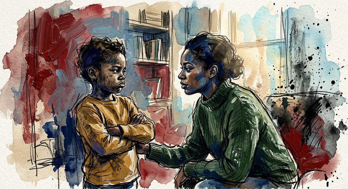 A parent kneeling to eye level with a sulky child in a living room, speaking calmly and firmly in a warm but firm parenting moment