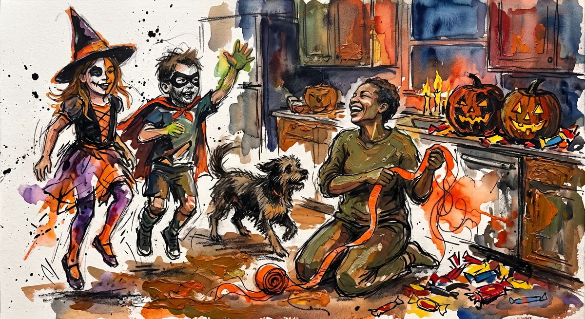 Two children in half-finished Halloween costumes bouncing around a kitchen at dusk while a parent kneels on the floor laughing with a roll of orange streamers
