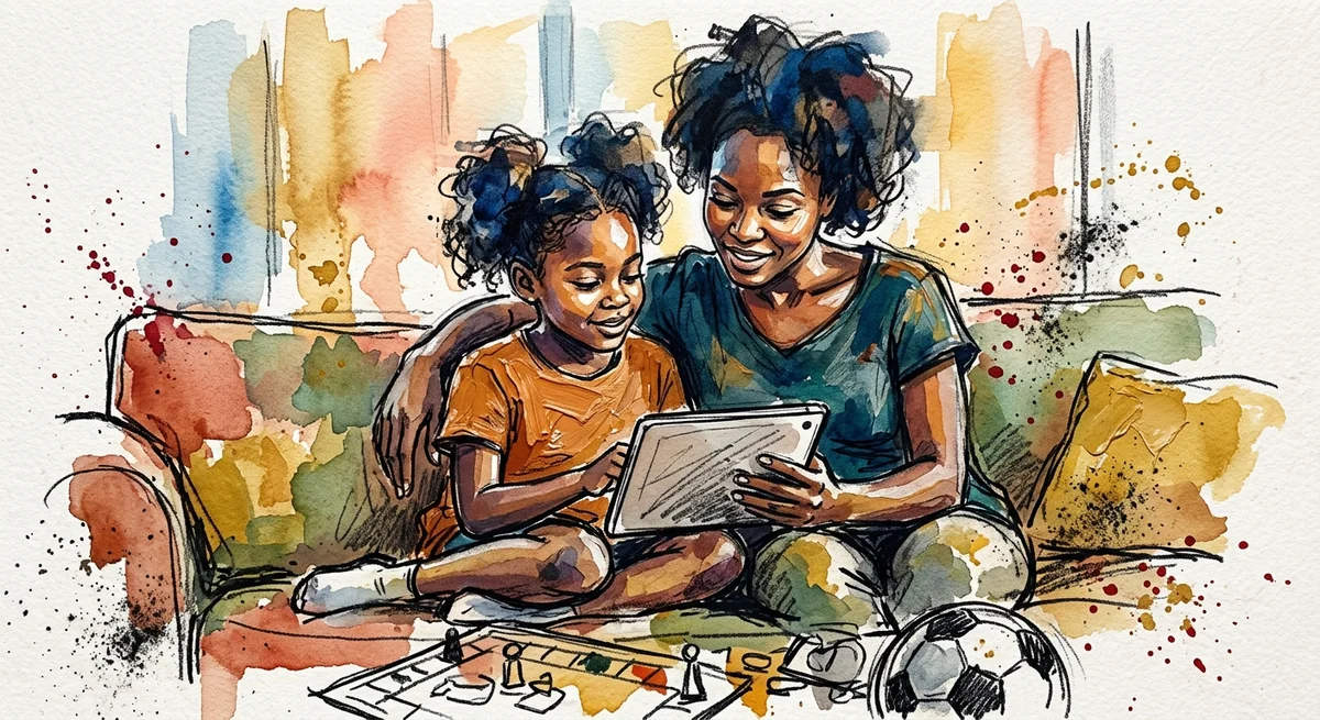 A parent and child relaxing on a sofa together sharing a tablet in warm evening light