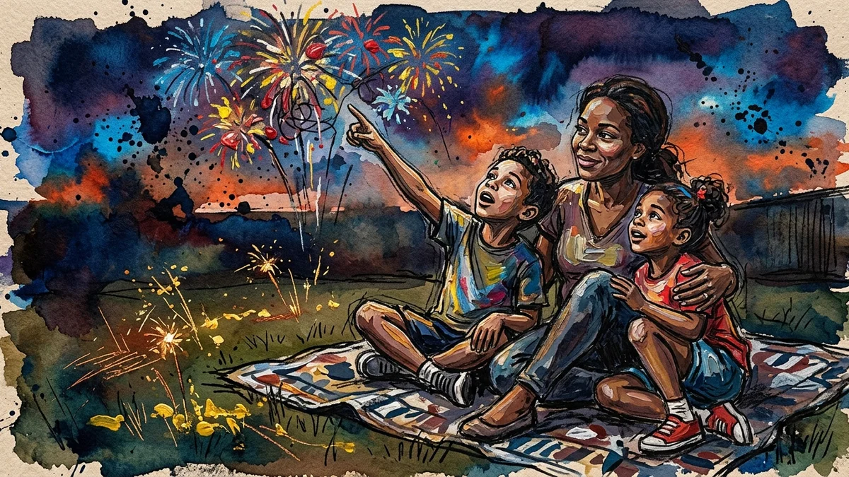 A mother and two children sitting on a blanket at dusk watching fireworks, the children wide-eyed with wonder and the mother watching them with a soft smile
