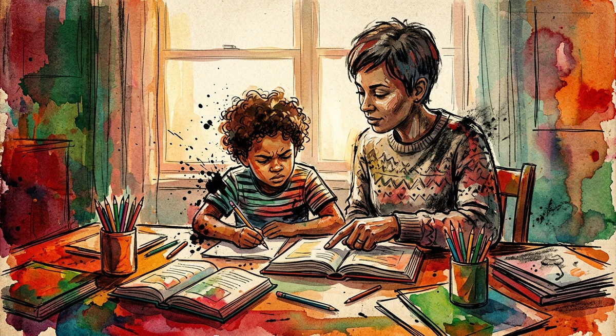 A parent sitting beside a child at a desk covered in open books and coloured pencils, both calm and focused in warm afternoon light