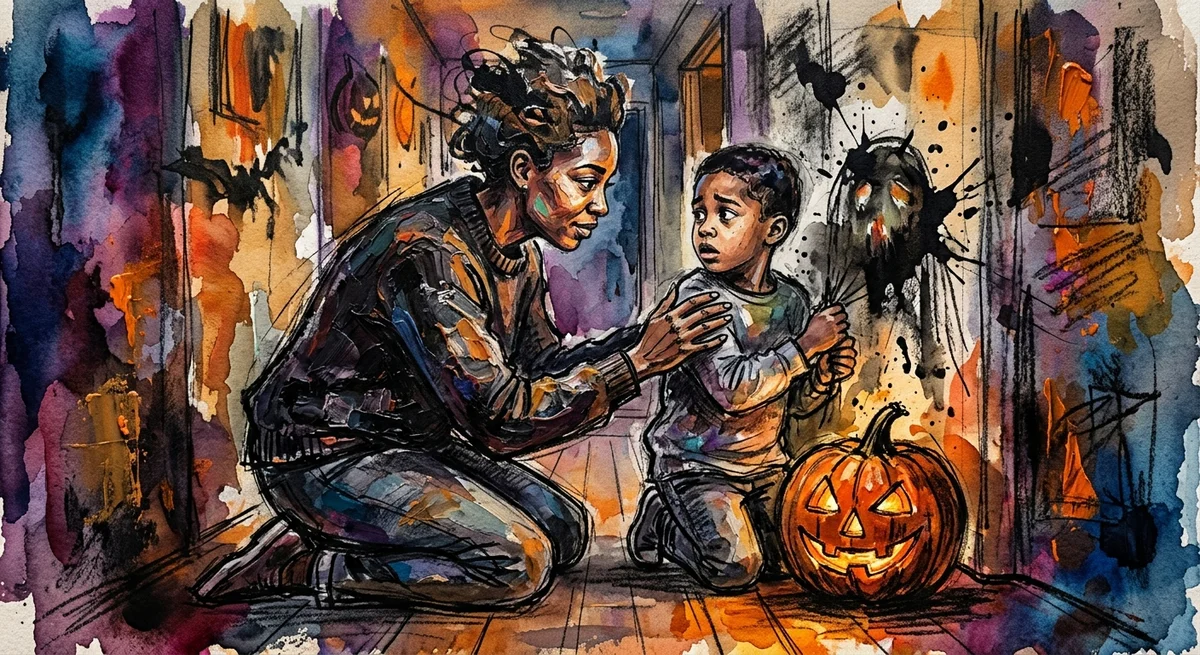 A parent kneeling beside a worried child in a Halloween-decorated hallway, offering comfort near a glowing pumpkin