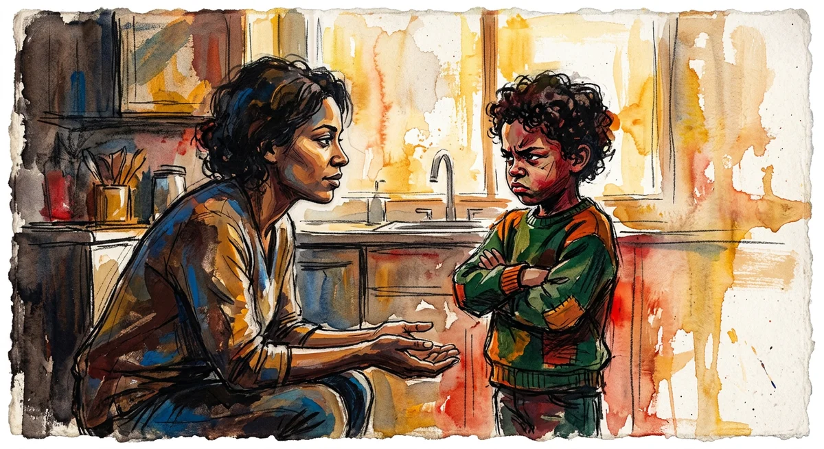 A parent kneeling to eye level with a frustrated child in a kitchen, calm and steady in a tense but connected moment