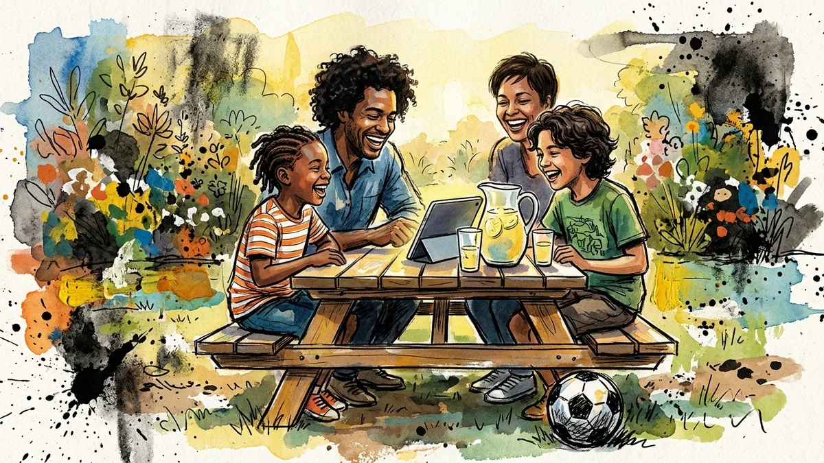 A family of four in a sunny backyard gathered around a tablet on a picnic table, laughing together on a summer morning
