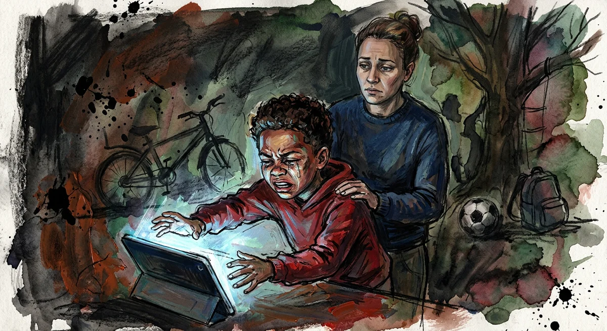 A frustrated child mid-tantrum in front of a glowing tablet screen, with a calm parent nearby and silhouettes of outdoor adventures visible in the background