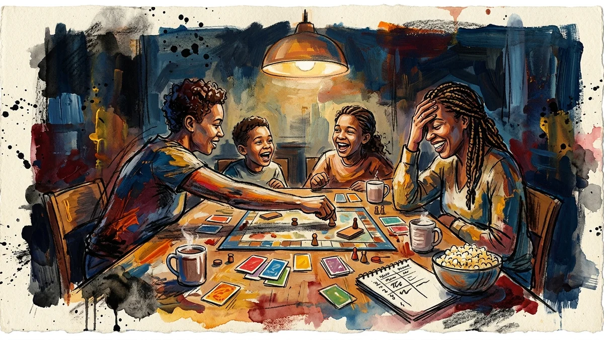 A family of four laughing around a wooden dining table at night, playing a board game by the warm glow of a single pendant lamp