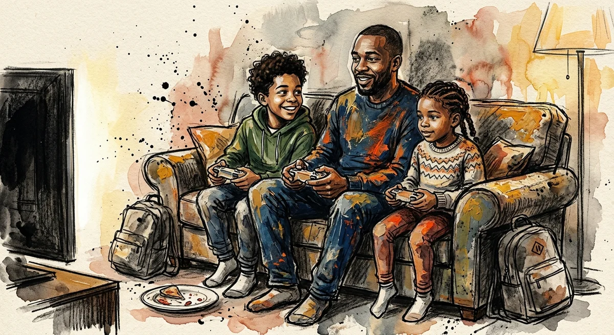 A parent and two children squeezed together on a couch holding game controllers, the older child glancing at the parent with a proud grin