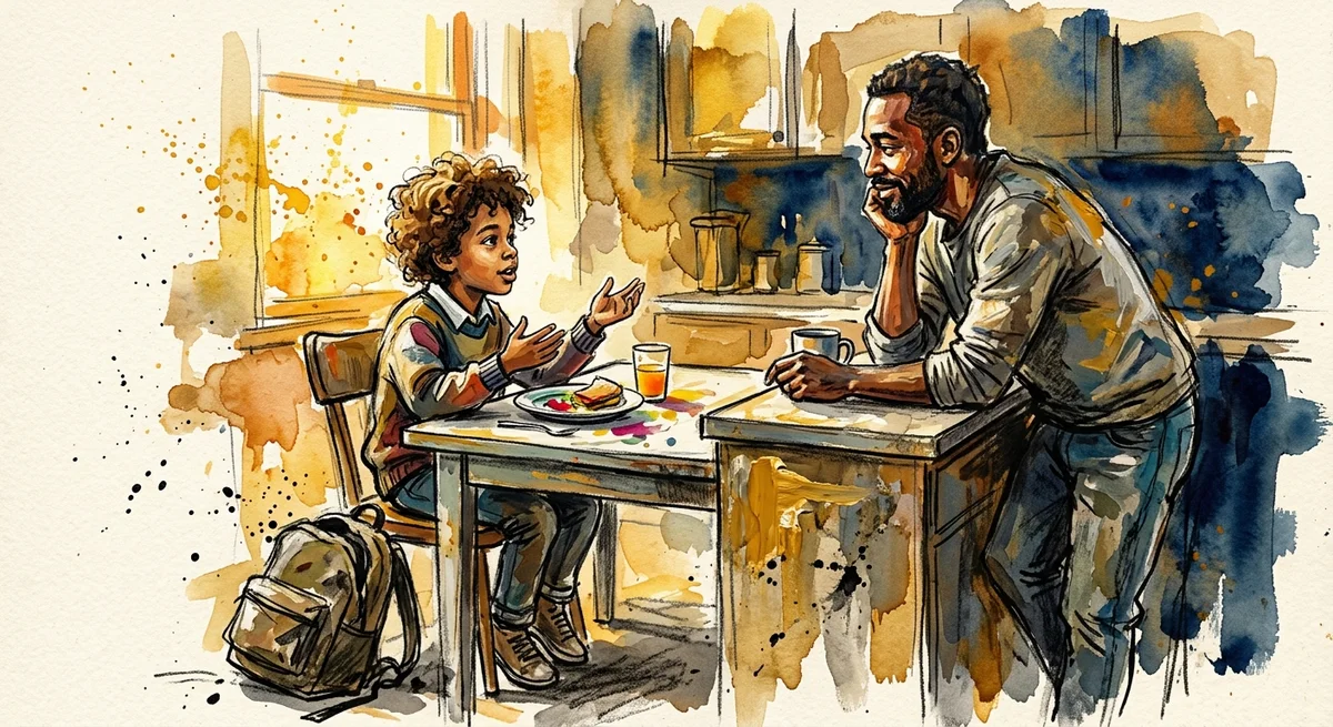 A child eating a snack at a kitchen table with a backpack dropped beside the chair while a parent leans on the counter listening in warm afternoon light