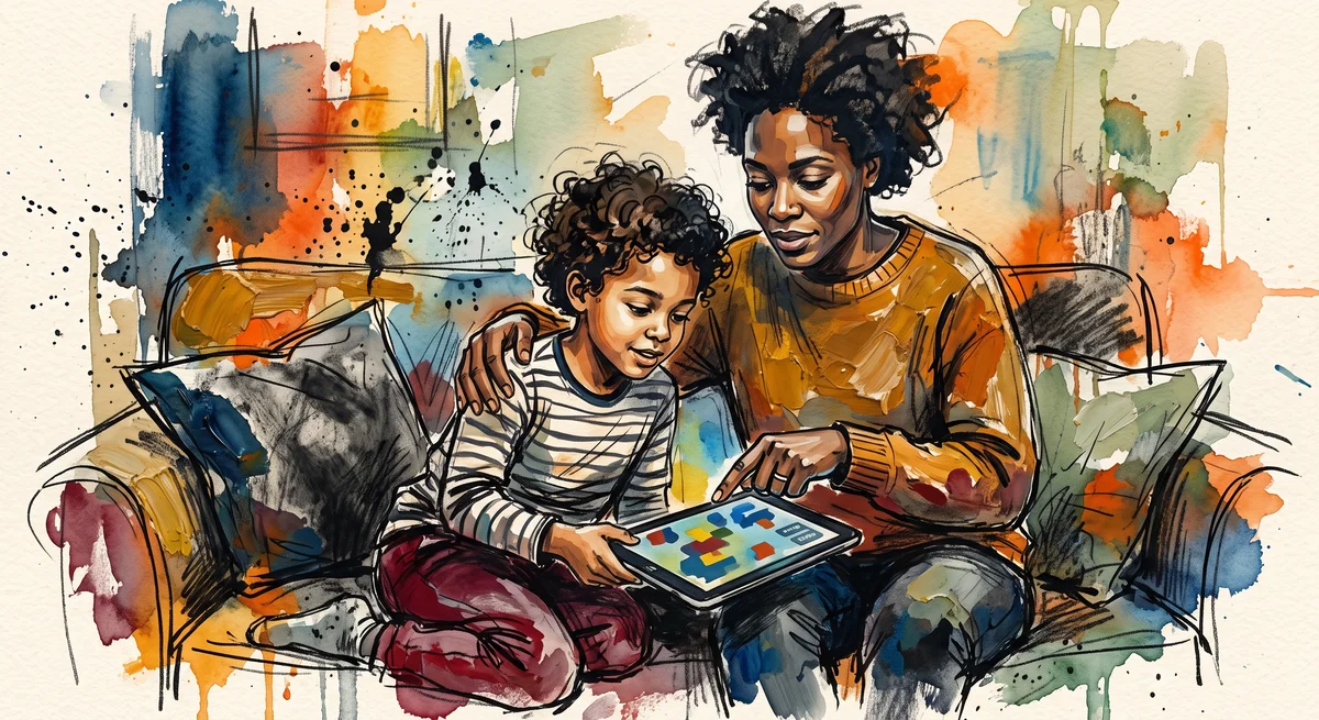 A parent and child sitting together on a couch looking at a tablet showing a colorful video game, the parent pointing at a settings screen while the child watches