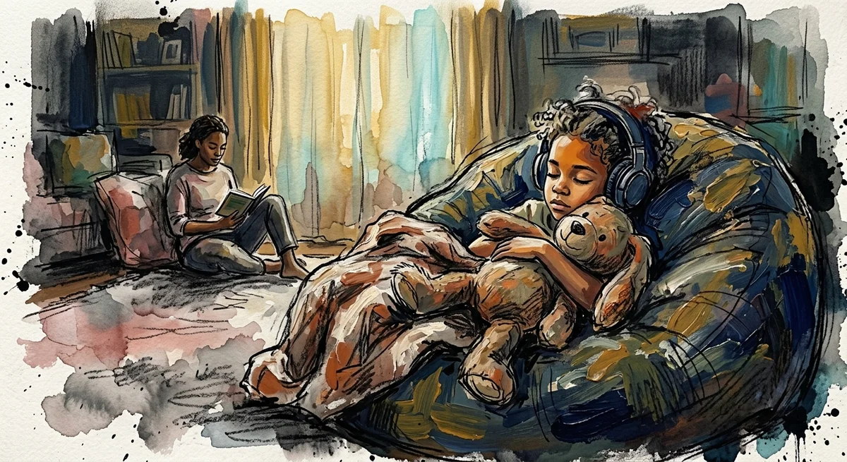 A child curled up on a beanbag with headphones and a stuffed animal while a parent sits nearby reading quietly in a cozy, low-lit living room
