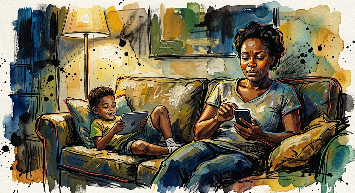 A parent on a couch in warm evening lamplight setting up phone controls while a relaxed child nearby watches a tablet, the parent looking relieved