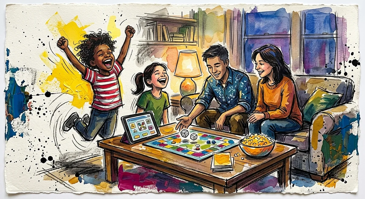 A family of four around a coffee table playing a board game next to a tablet, with a child leaping up in triumph in warm evening lamplight