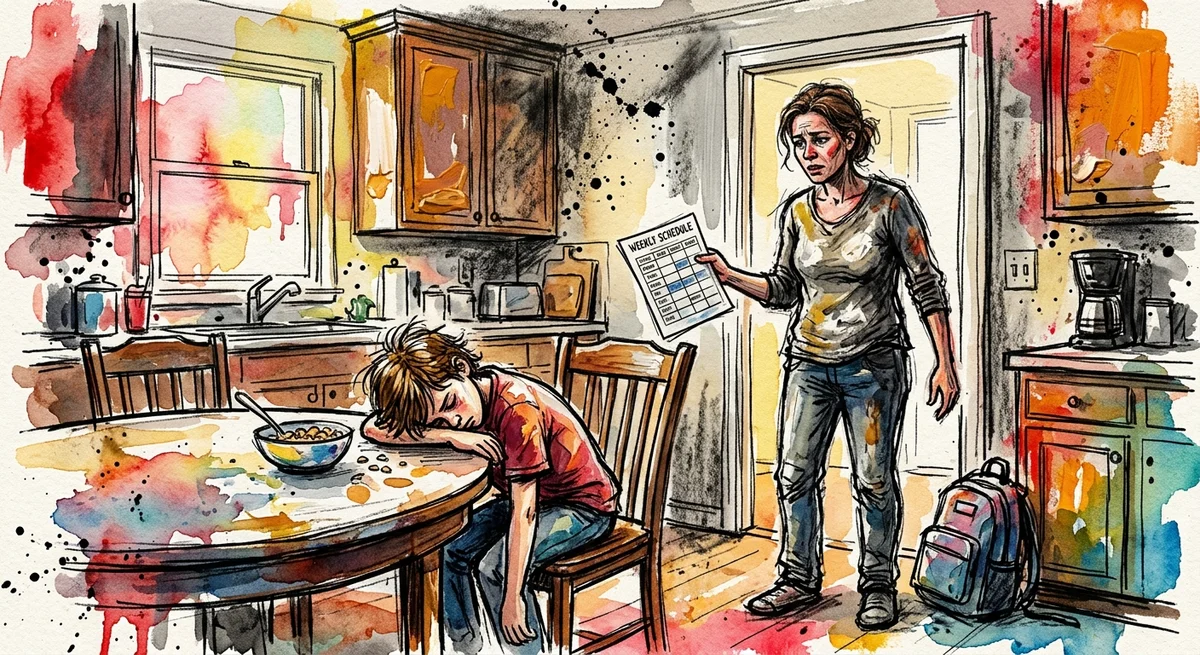 A tired parent holding a printed weekly schedule while a child slumps over a chair at the breakfast table
