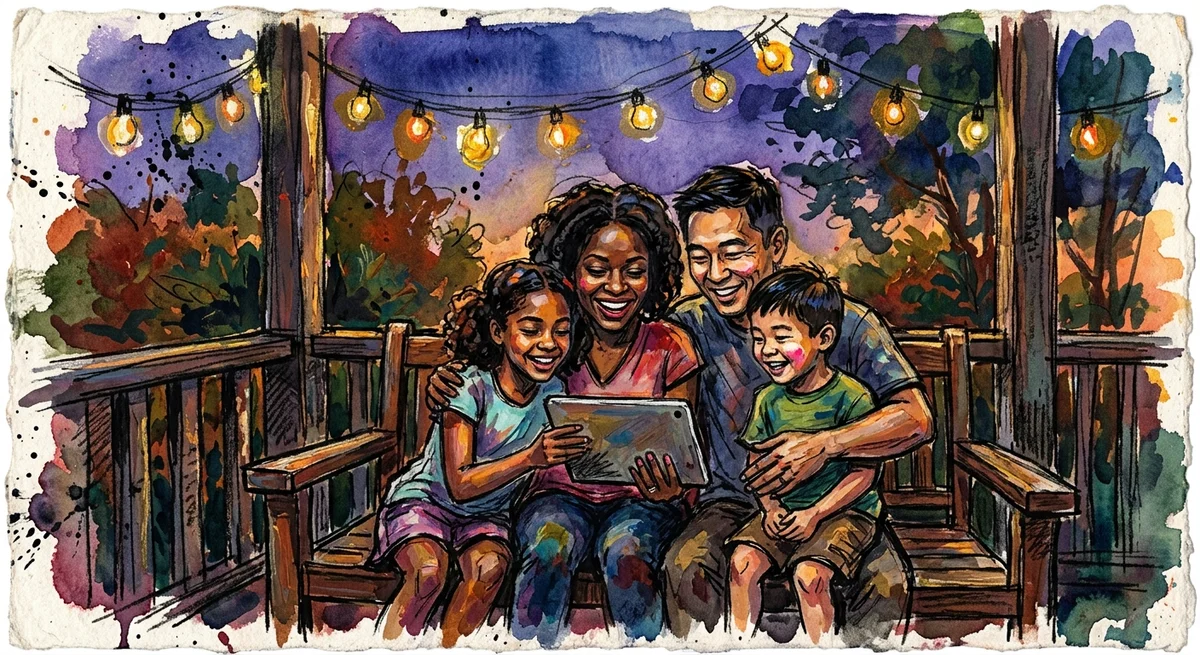 A family of four on a porch on a late summer evening, looking at a tablet together under string lights