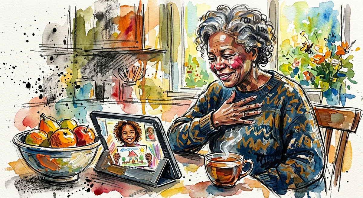A grandmother at her sunlit kitchen table smiling at a tablet where a grandchild holds up a crayon drawing, tea steaming beside her