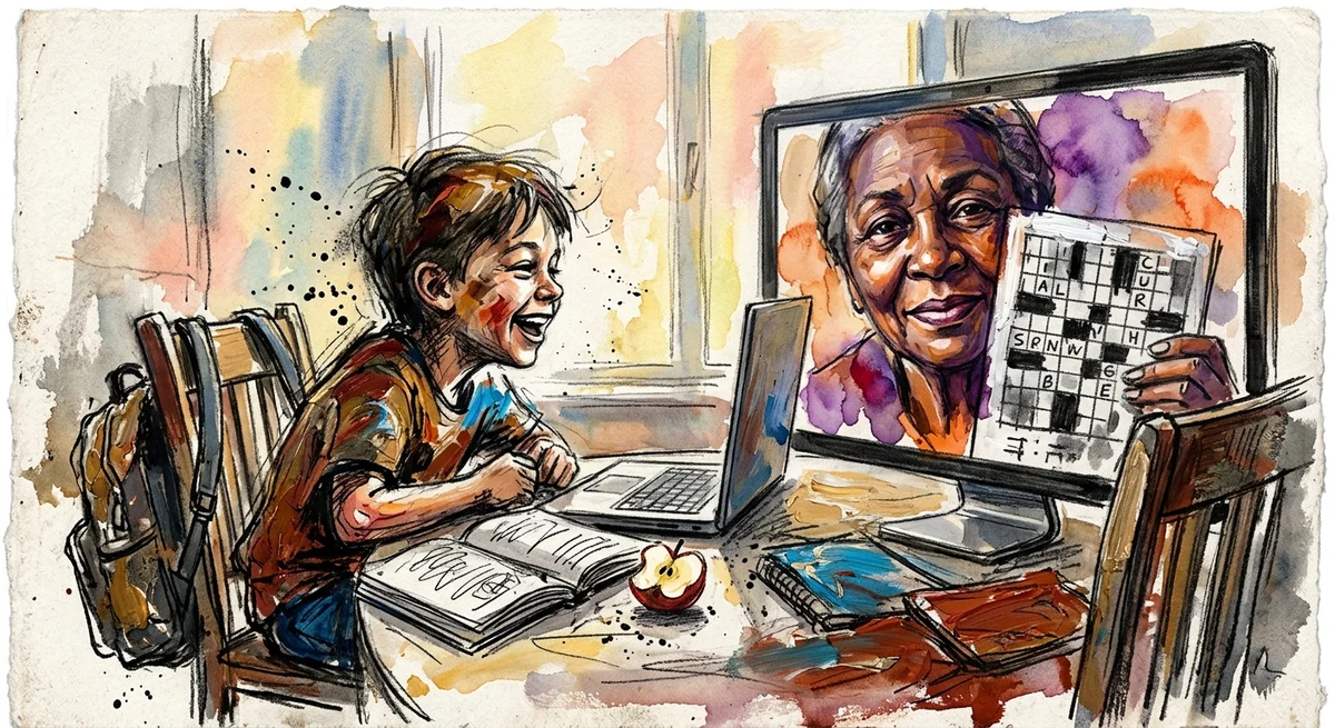 A grandmother on a video call holding up a crossword puzzle while her grandchild leans in laughing at a kitchen table with school books nearby