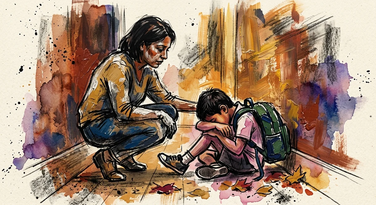 A parent crouched on a hallway floor beside a child slumped against the wall with a school backpack still on, one hand resting on the child back, in low golden afternoon light