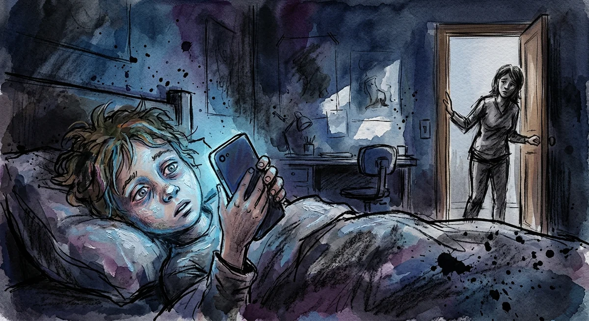 A child around age nine lying in bed at night with their face lit by the blue glow of a phone, while a parent pauses in the doorway watching with quiet concern