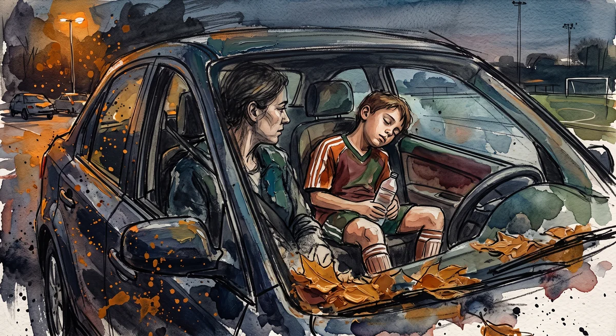 A parent turned around in the front seat of a car at dusk in a sports field parking lot while a child in soccer kit dozes against the back window with autumn leaves on the windshield