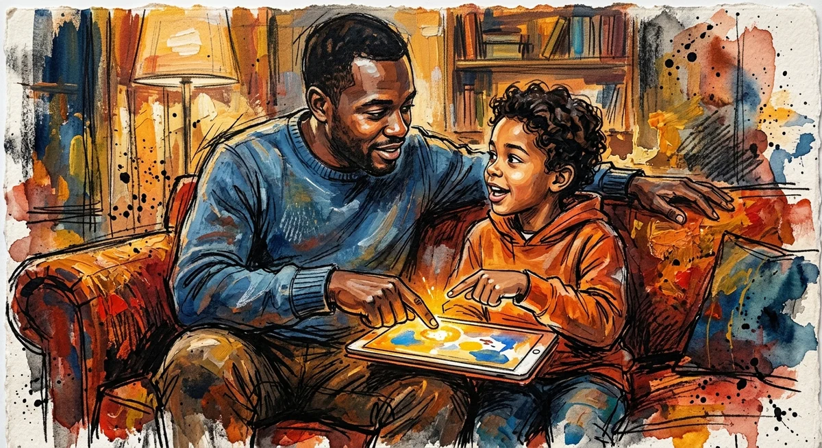 A parent and a child around age nine sitting close on a couch, both pointing at the same spot on a shared tablet and talking about it in warm evening lamplight