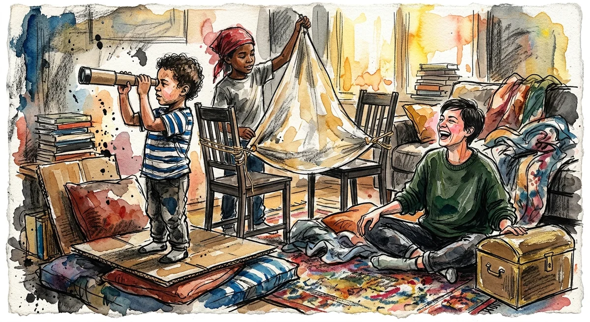 Two children playing pirates in a living room with a bedsheet sail strung between chairs while a parent sits on the floor laughing along