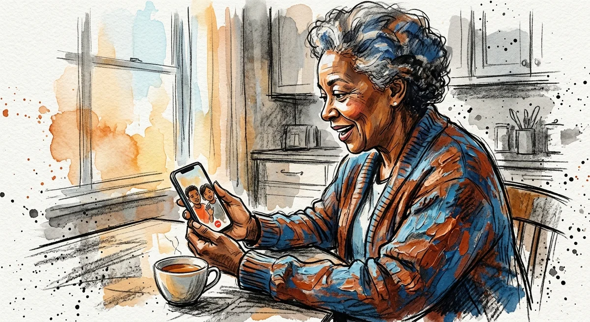 A grandmother at her kitchen table smiling in surprise at a smartphone showing her grandchildren waving on a video call after tapping a single link