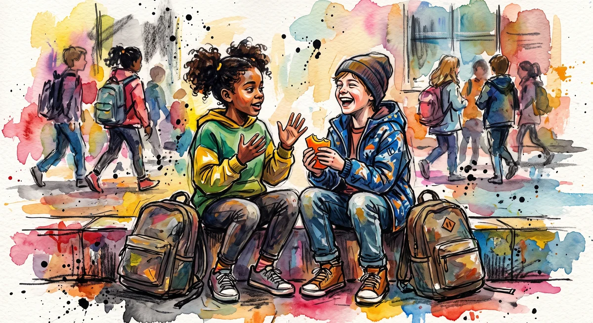 Two children sitting side by side on a low school wall at recess, sharing a snack and talking while other kids move past in the background
