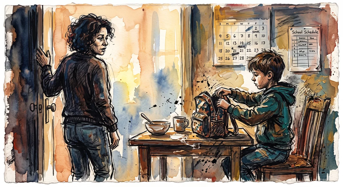 A parent standing in a kitchen doorway in early morning light watching a child pack a school bag at the table without being asked