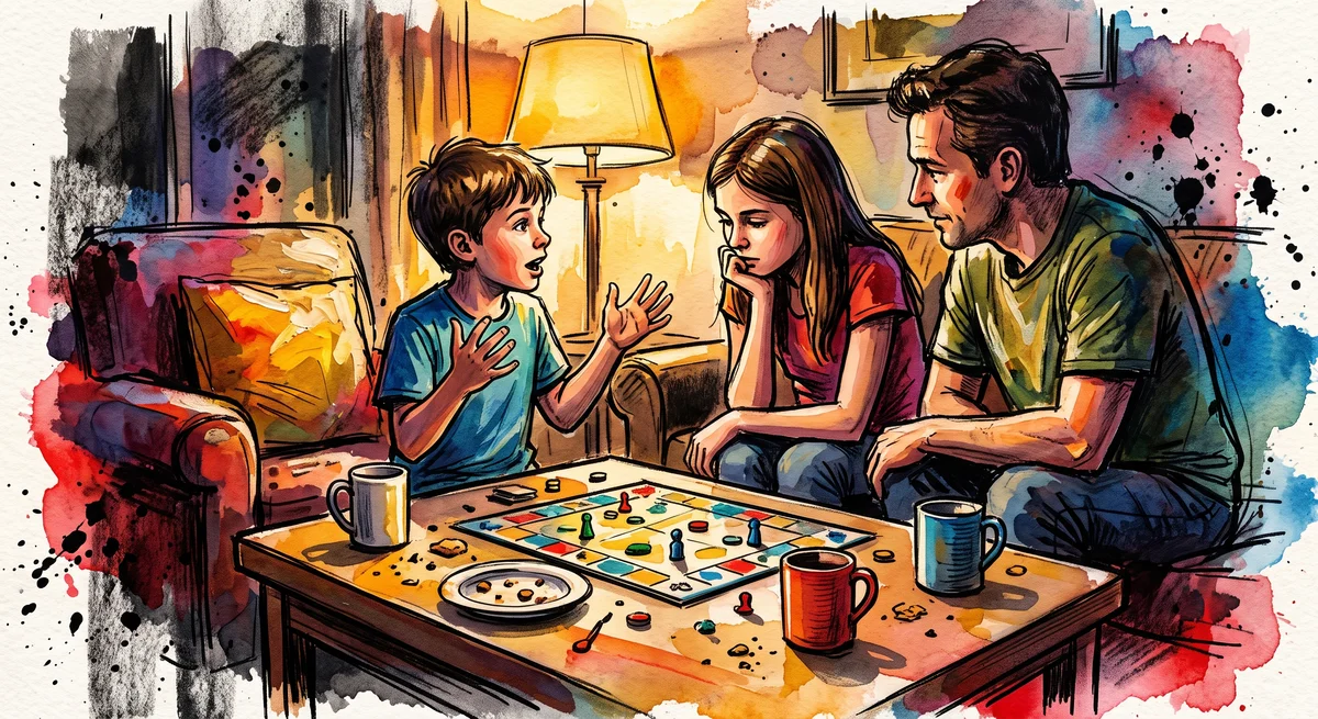 A boy and his older sister and a parent crowded around a coffee table over a half finished board game, the boy mid sentence with his hands up explaining a plan