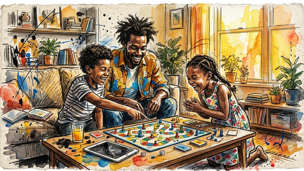 A parent and two young children leaning together over a shared board game in a sunlit living room, a tablet face-down and forgotten on the coffee table beside them
