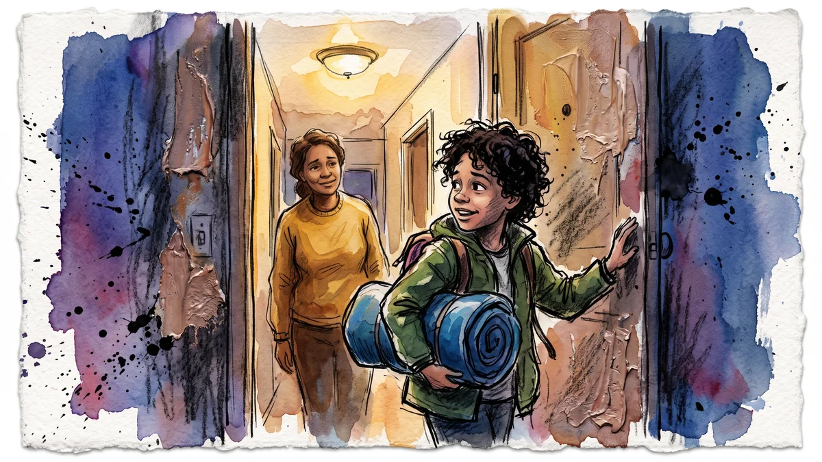 A child around age ten standing in a doorway at dusk with a sleeping bag and backpack, glancing back at a parent who watches with a proud, wistful smile