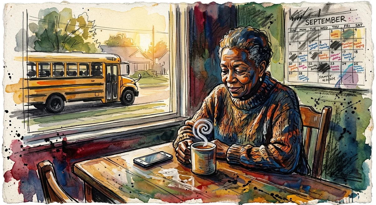 A grandmother sitting alone at her kitchen table in early evening with a face-down phone, a cooling cup of tea, and a crowded September calendar on the wall while a school bus passes the window