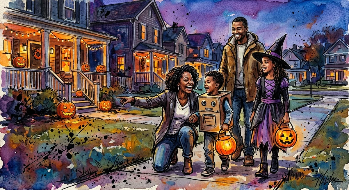 A family walking down a Halloween-decorated street at dusk, two children in costumes carrying pumpkin buckets while a parent points out a funny yard display