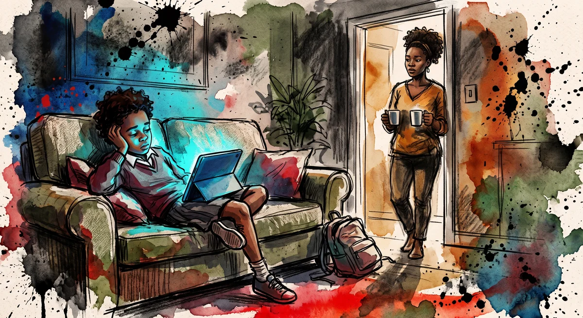 A tired child in school uniform slumped on a sofa lit by a tablet screen while a parent pauses in the doorway holding two mugs