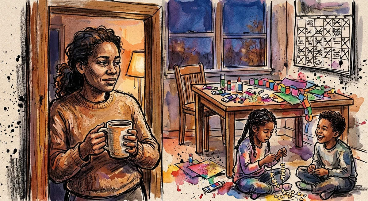 A parent standing in a kitchen doorway at dusk holding a mug, watching two children string popcorn on the floor beside a table of half-finished holiday crafts