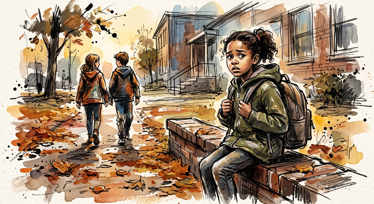 A girl around age ten sitting on a low brick wall outside school in autumn, holding her backpack straps and watching two other children walk away together