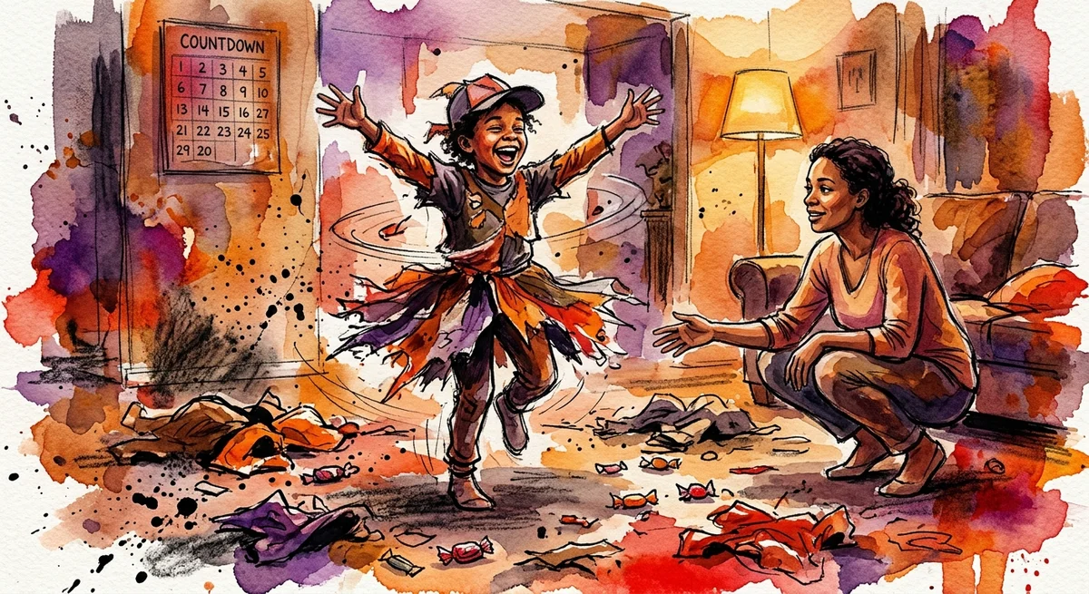 A child mid-spin in a half-finished Halloween costume in a candy-wrapper-scattered living room, with a parent crouching nearby with a calm expression