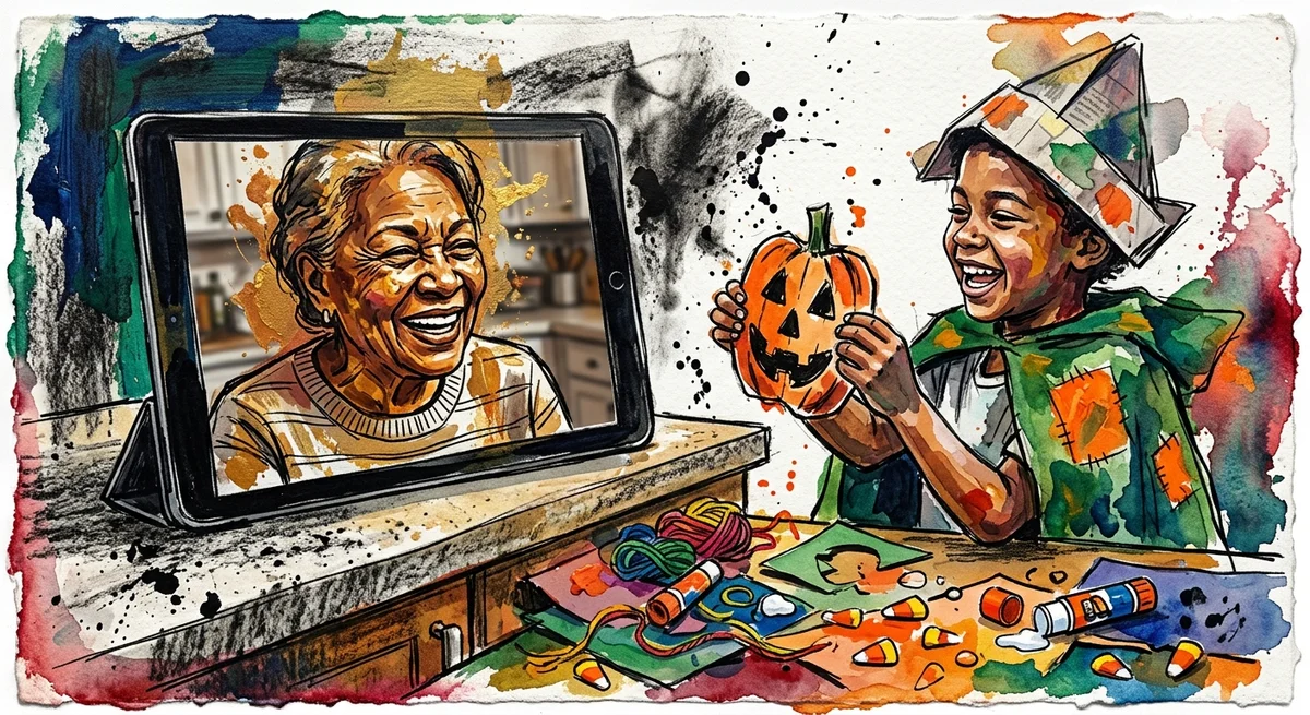 A grandmother on a video call smiling at a child in a half-finished Halloween costume holding up a paper pumpkin craft to share with her